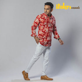 Lily flower red color - men full sleeve cotton printed