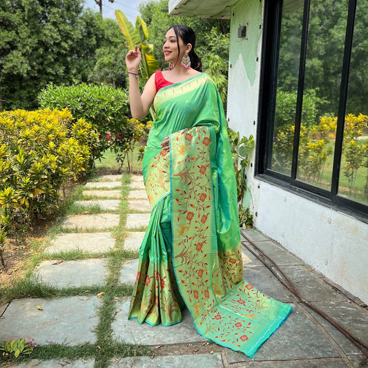 Gayatri Lime Green Paithani Silk Handwork Saree