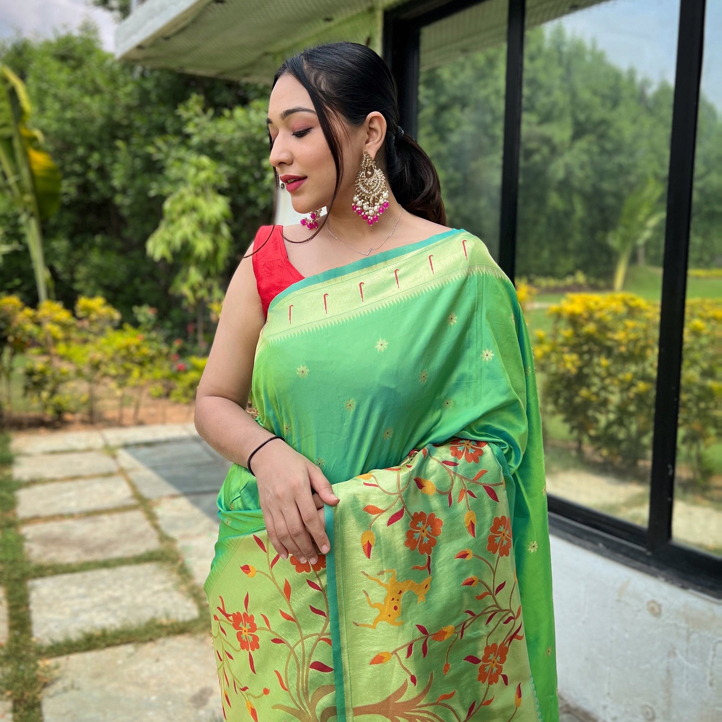 Gayatri Lime Green Paithani Silk Handwork Saree