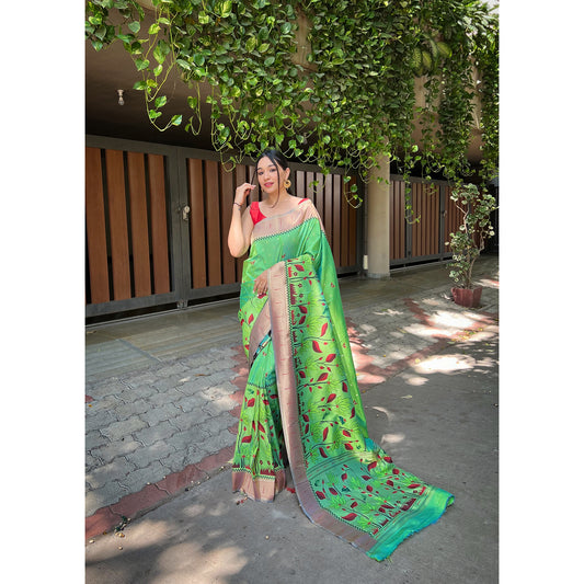 Titli Lime Green Banarasi Silk Handwork Saree