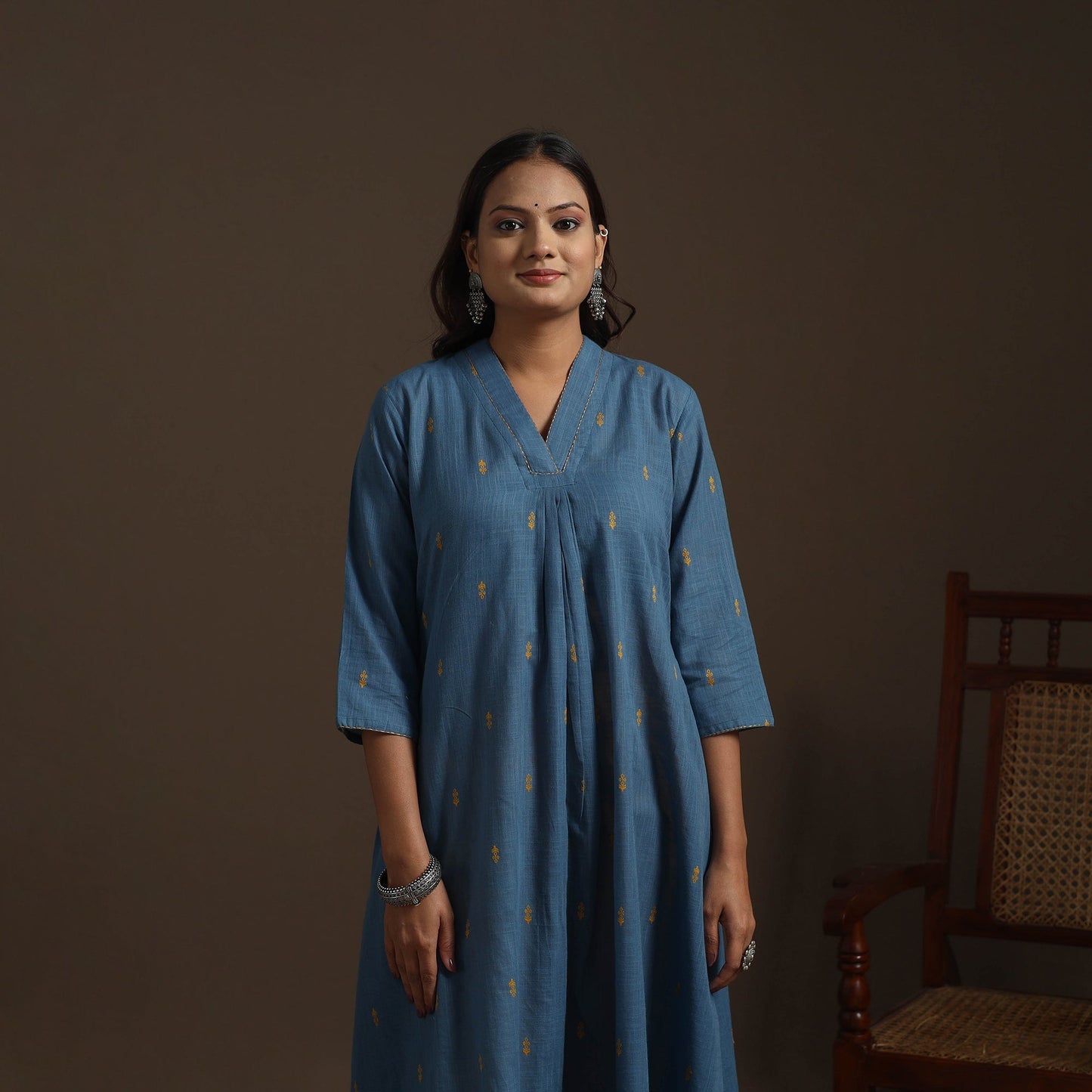 A-line cotton hand embroidered jacquard kurta for women 11