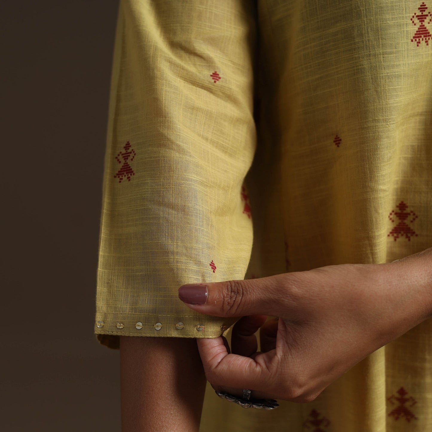 A-line cotton hand embroidered jacquard kurta for women 16