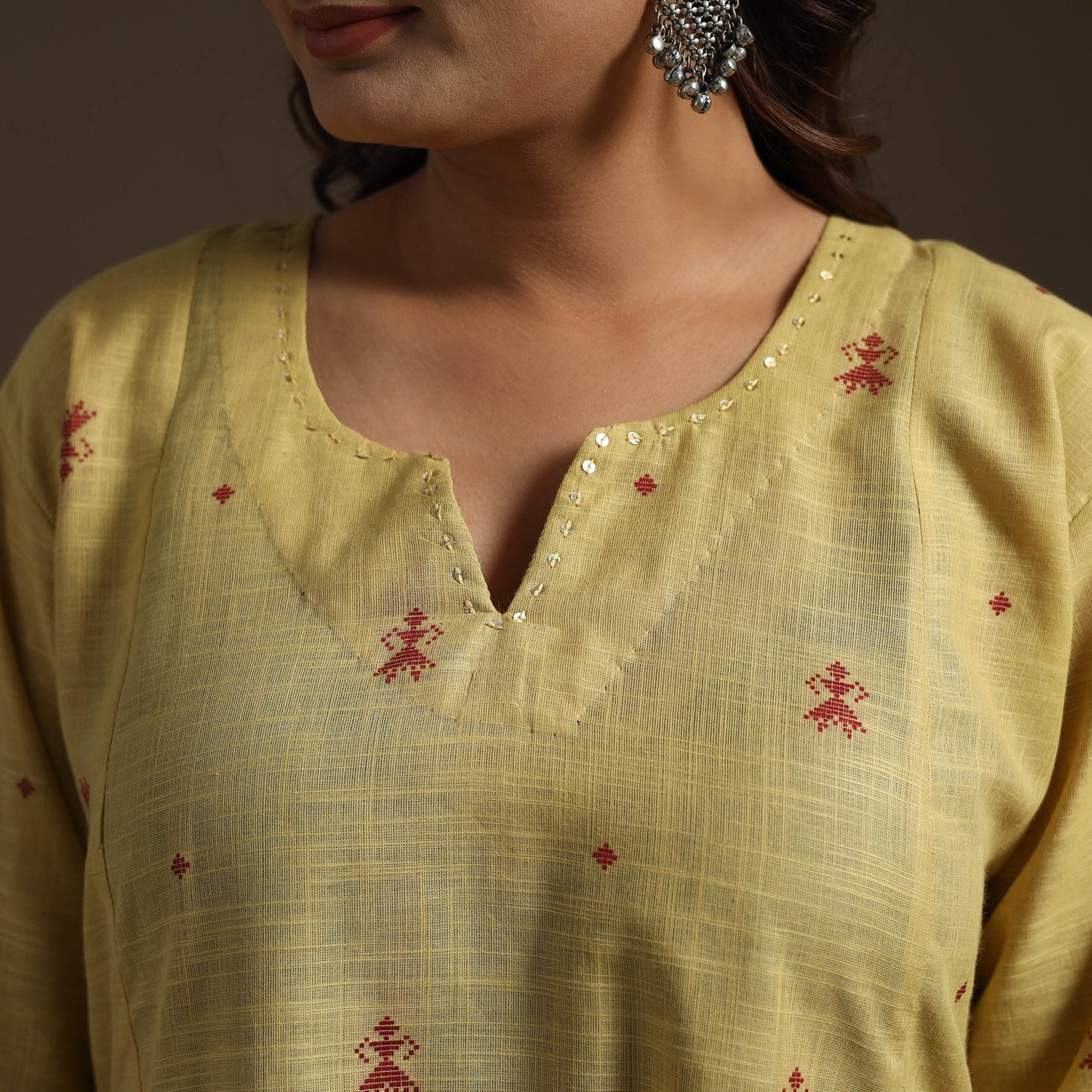 A-line cotton hand embroidered jacquard kurta for women 16