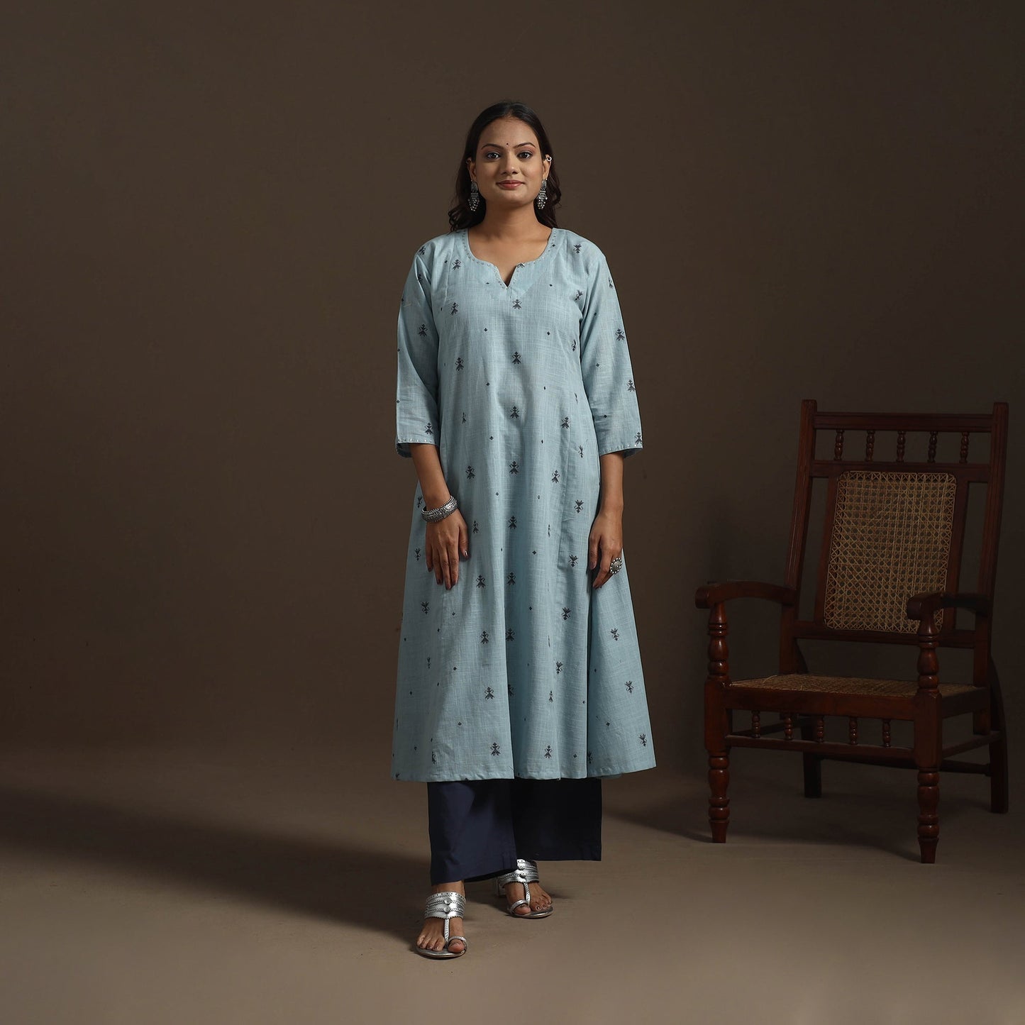 A-line cotton hand embroidered jacquard kurta for women 17