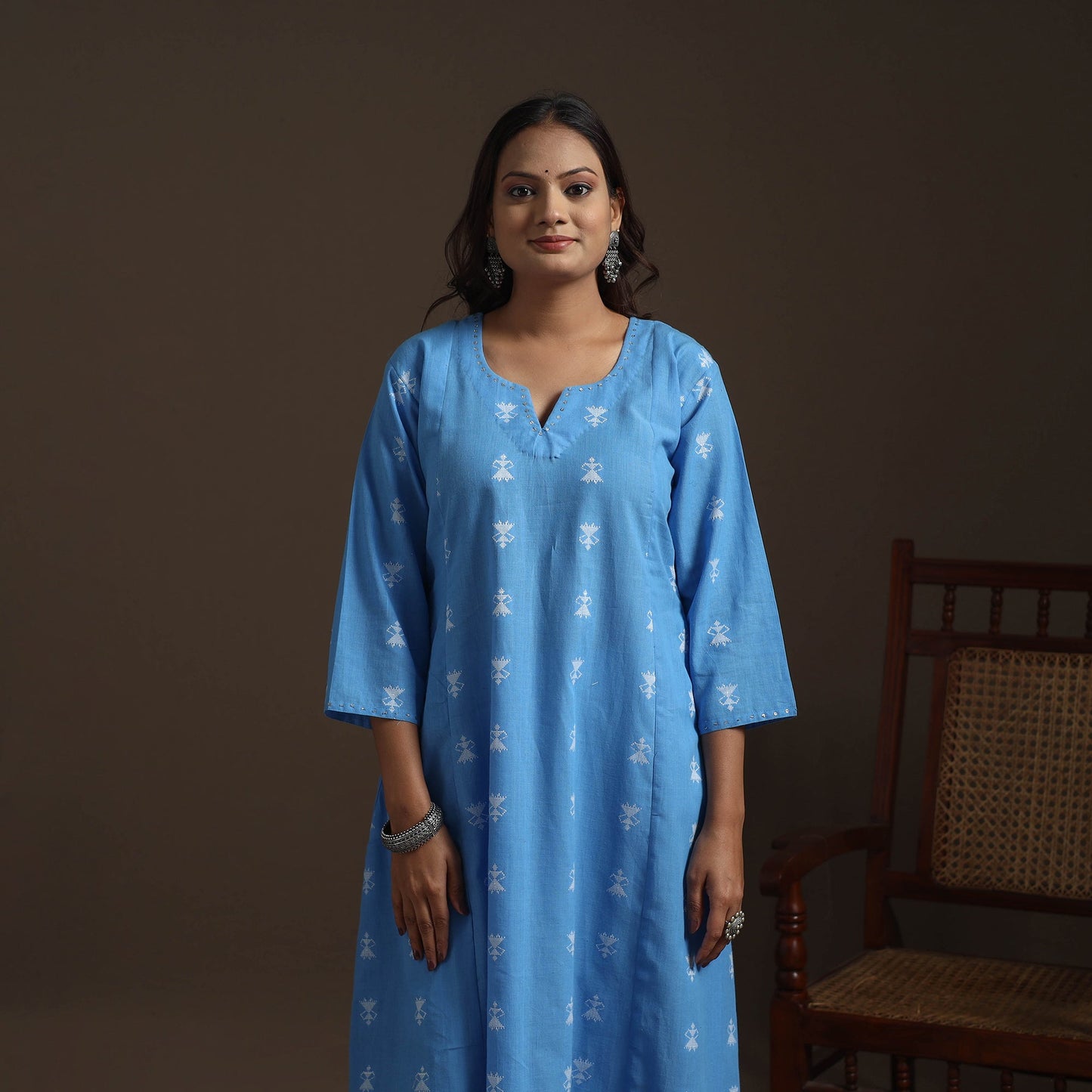 A-line cotton hand embroidered jacquard kurta for women 18