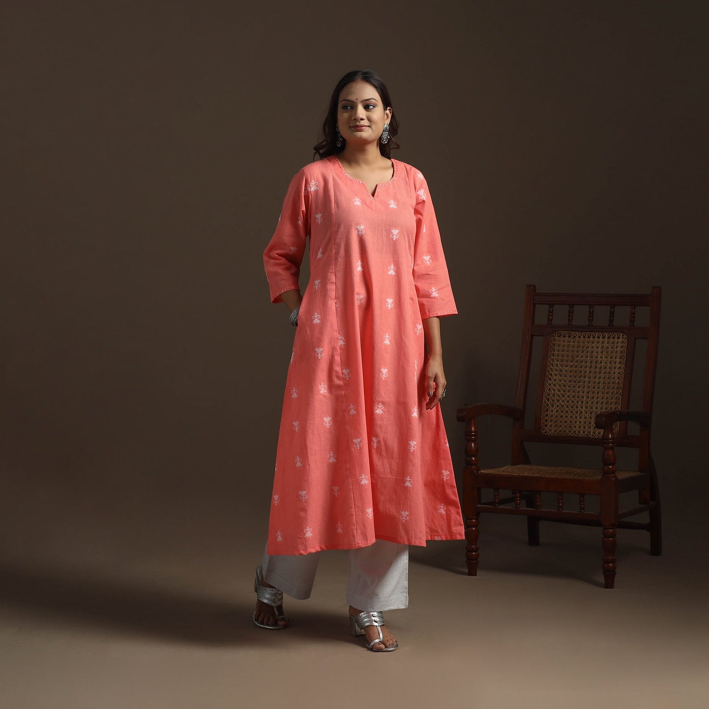 A-line cotton hand embroidered jacquard kurta for women 19