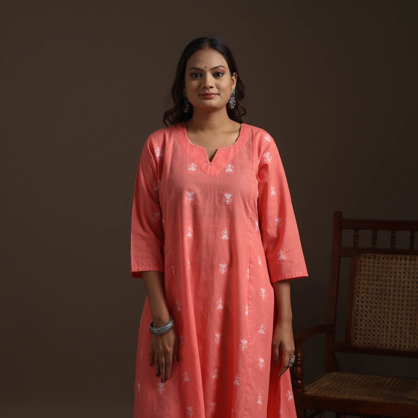 A-line cotton hand embroidered jacquard kurta for women 19