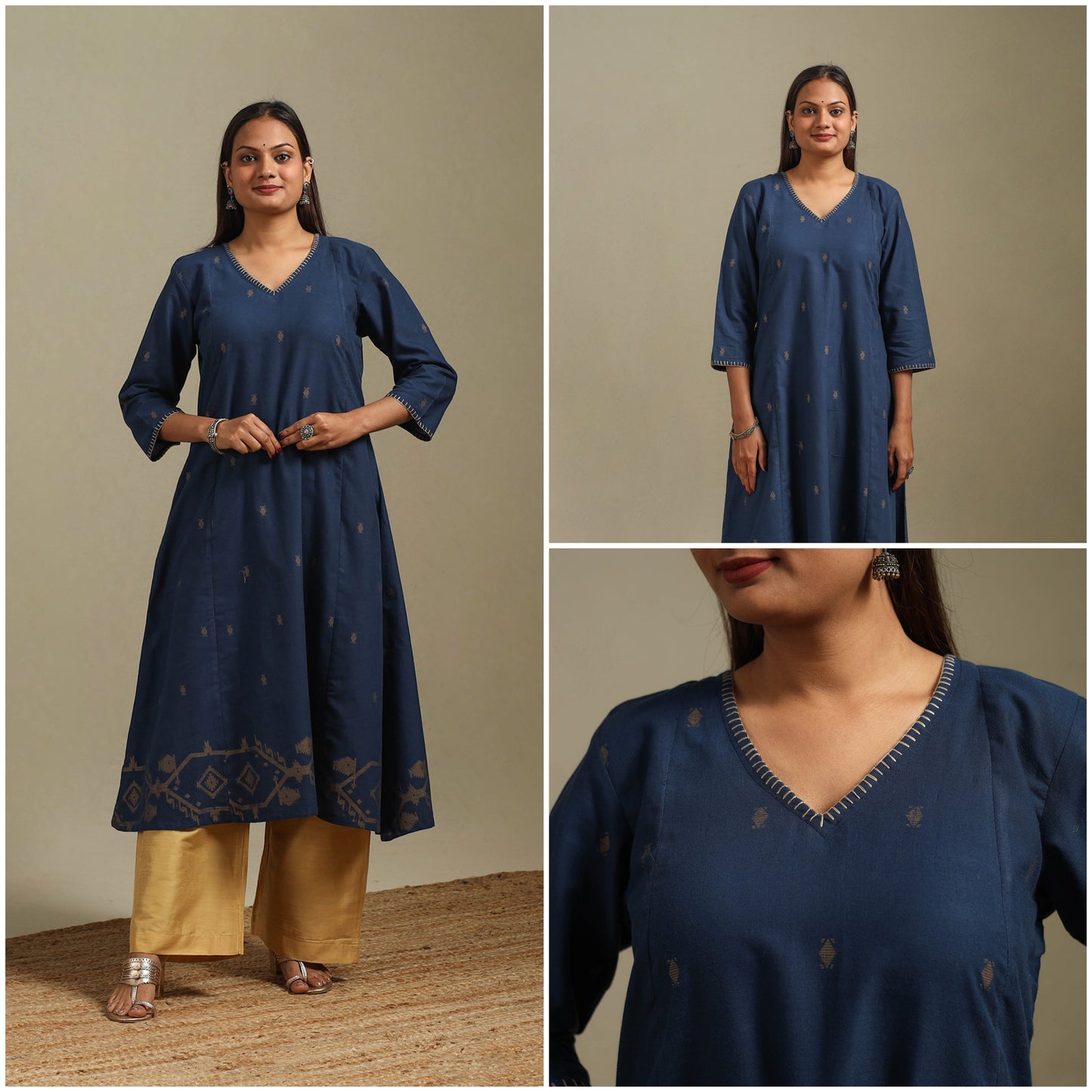 A-line cotton hand embroidered jamdani border thread buti