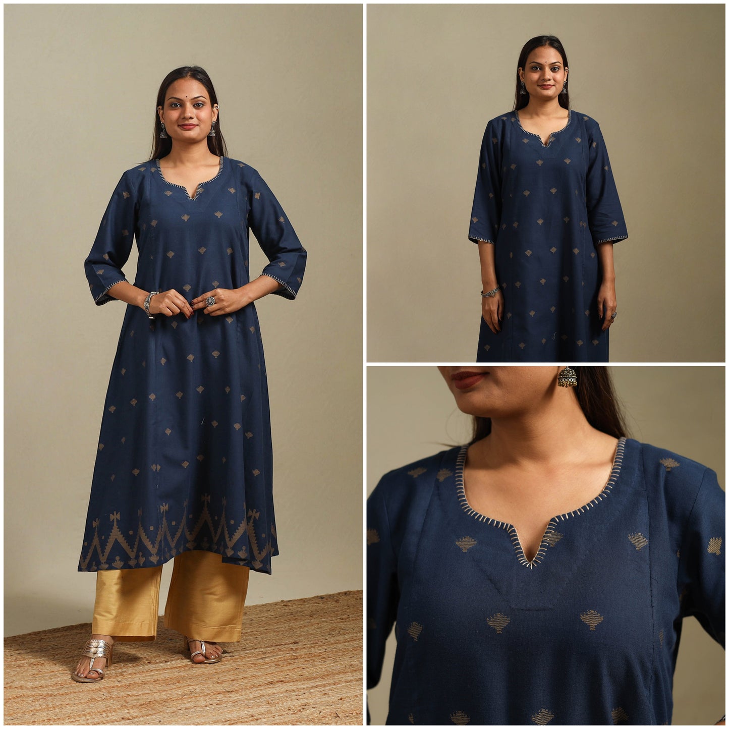 A-line cotton hand embroidered jamdani border thread buti