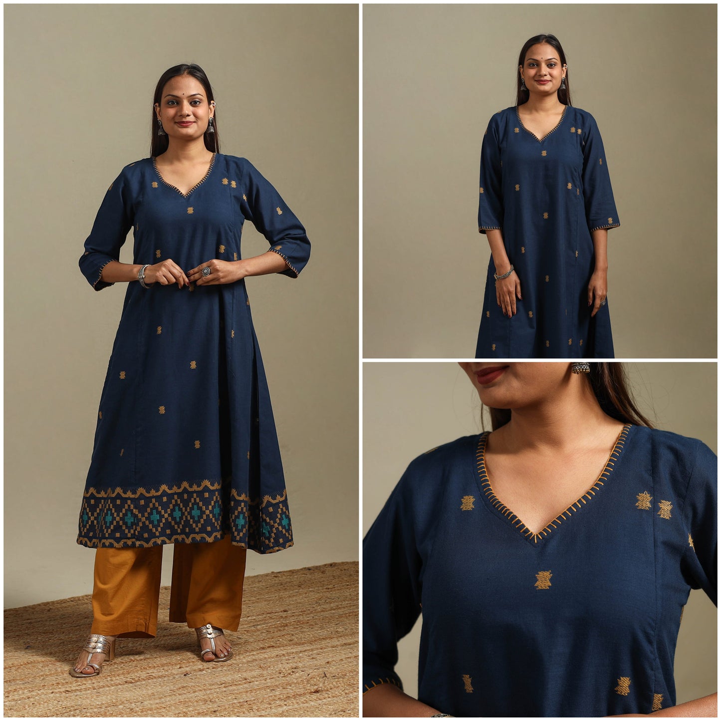 A-line cotton hand embroidered jamdani border thread buti