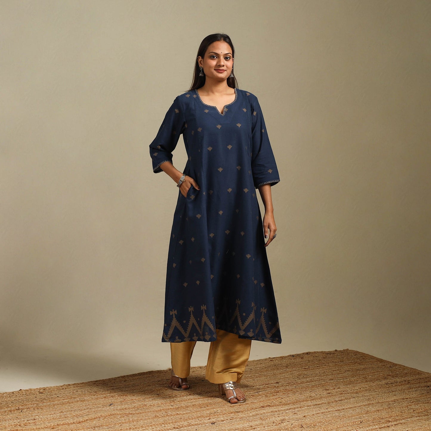 A-line cotton hand embroidered jamdani border thread buti