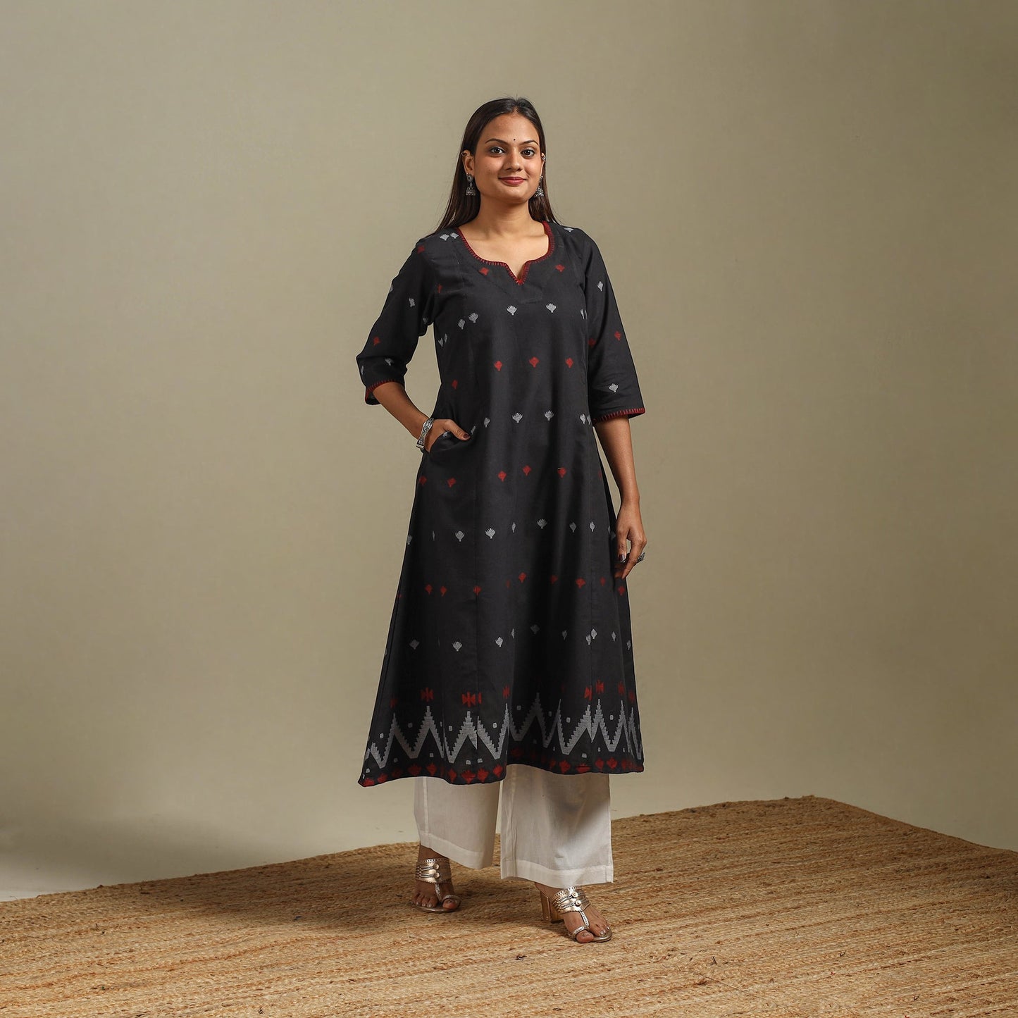 A-line cotton hand embroidered jamdani border thread buti