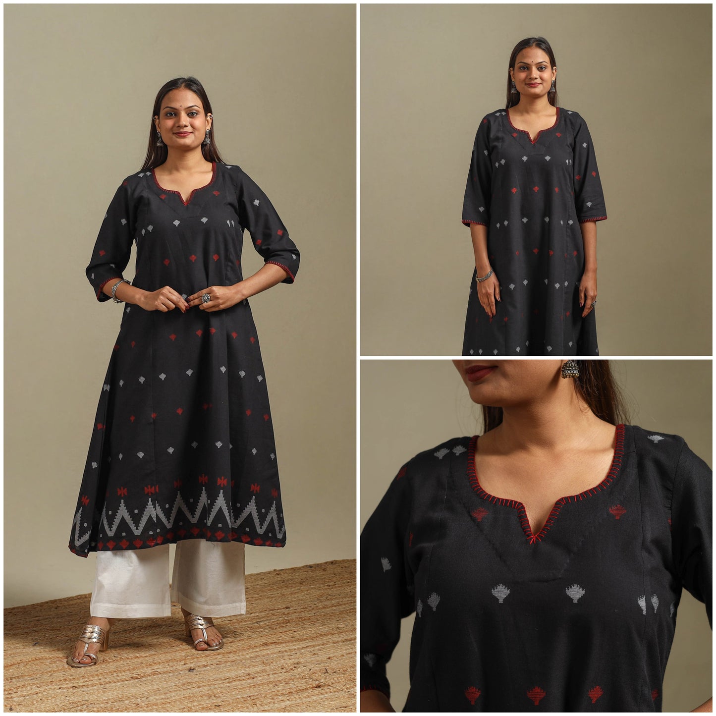 A-line cotton hand embroidered jamdani border thread buti