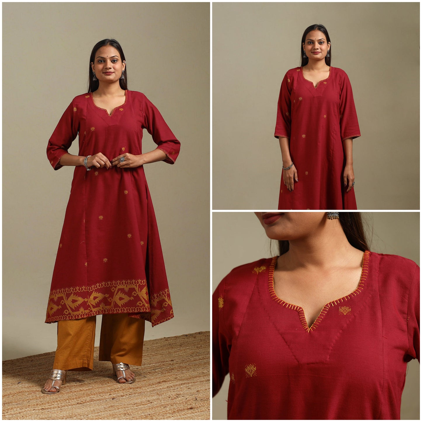 A-line cotton hand embroidered jamdani border thread buti