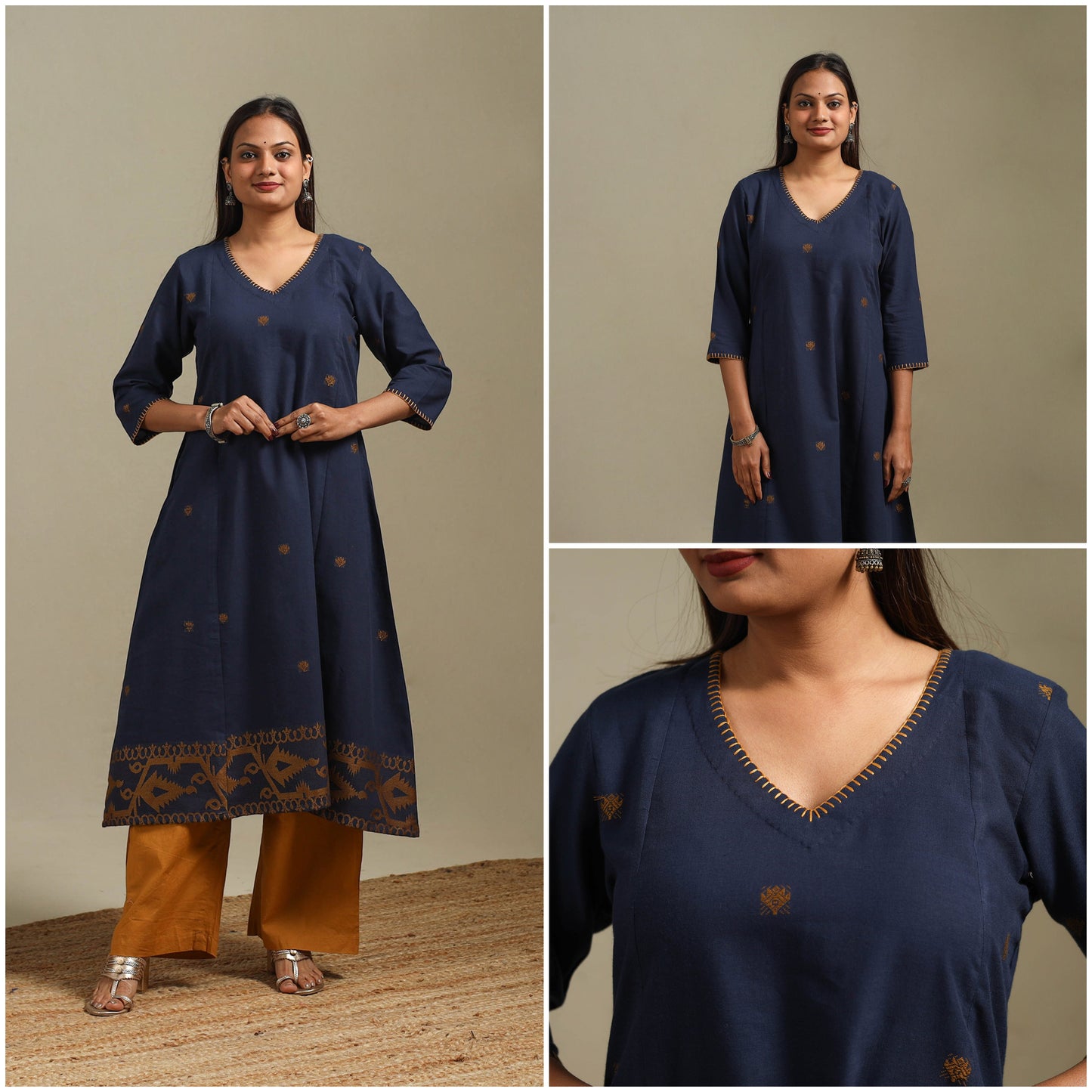 A-line cotton hand embroidered jamdani border thread buti