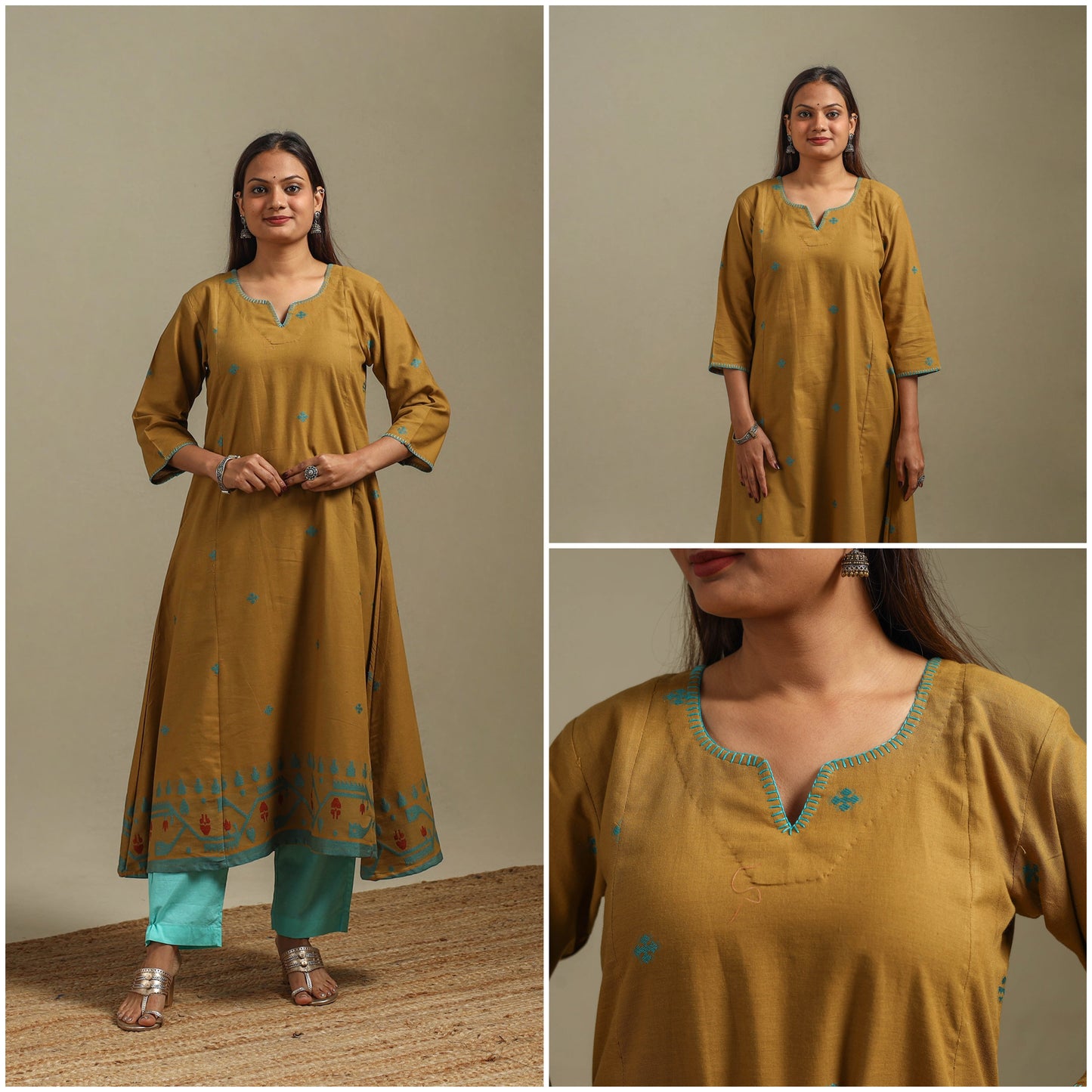 A-line cotton hand embroidered jamdani border thread buti