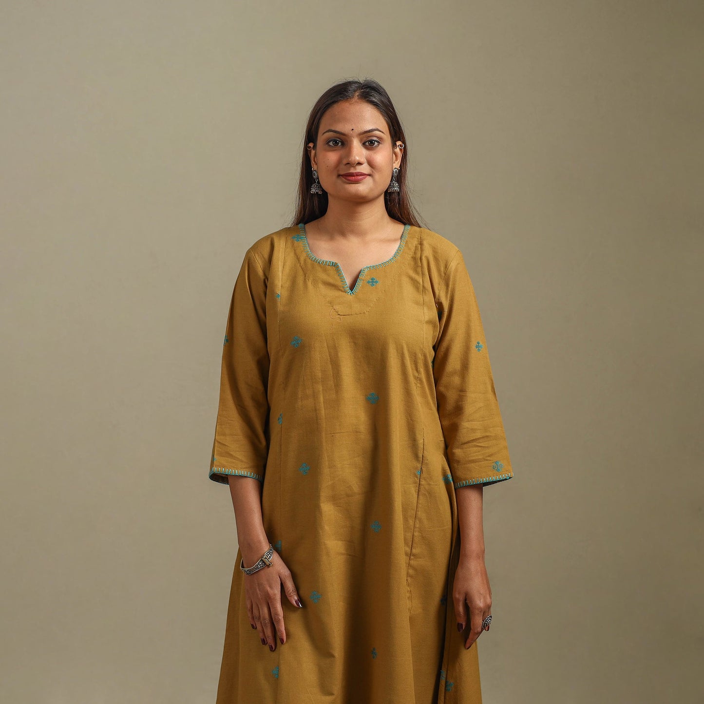 A-line cotton hand embroidered jamdani border thread buti