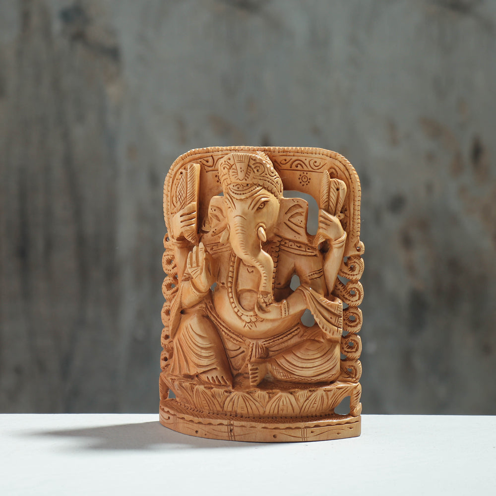 Lord Ganesha - Hand Carved Kadam Wood Handpainted Sculpture