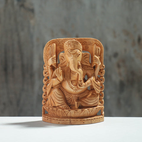 Lord Ganesha - Hand Carved Kadam Wood Handpainted Sculpture