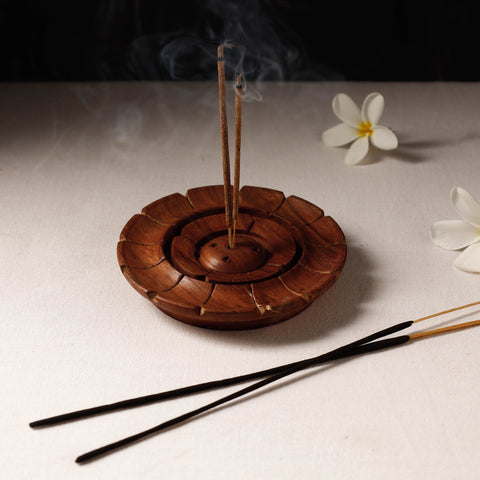  Lotus - Hand Carved Teak Wooden Incense Stick Stand 