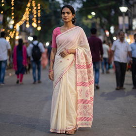 Yellow Lucknow Chikankari Hand Embroidery Cotton Saree, draped and worn by a woman, AI visual of the saree, iTokri