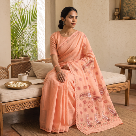 Peach Lucknow Chikankari Hand Embroidery Cotton Saree, draped and worn by a woman, AI visual of the saree, iTokri