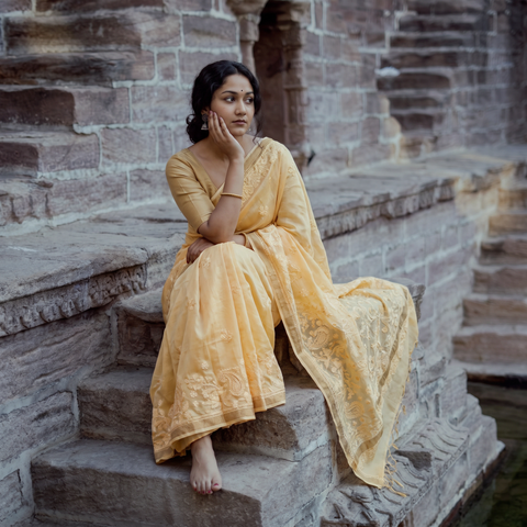 Orange Lucknow Chikankari Heavy Embroidery Chanderi Silk Saree, draped and worn by a woman, AI visual of the saree, iTokri