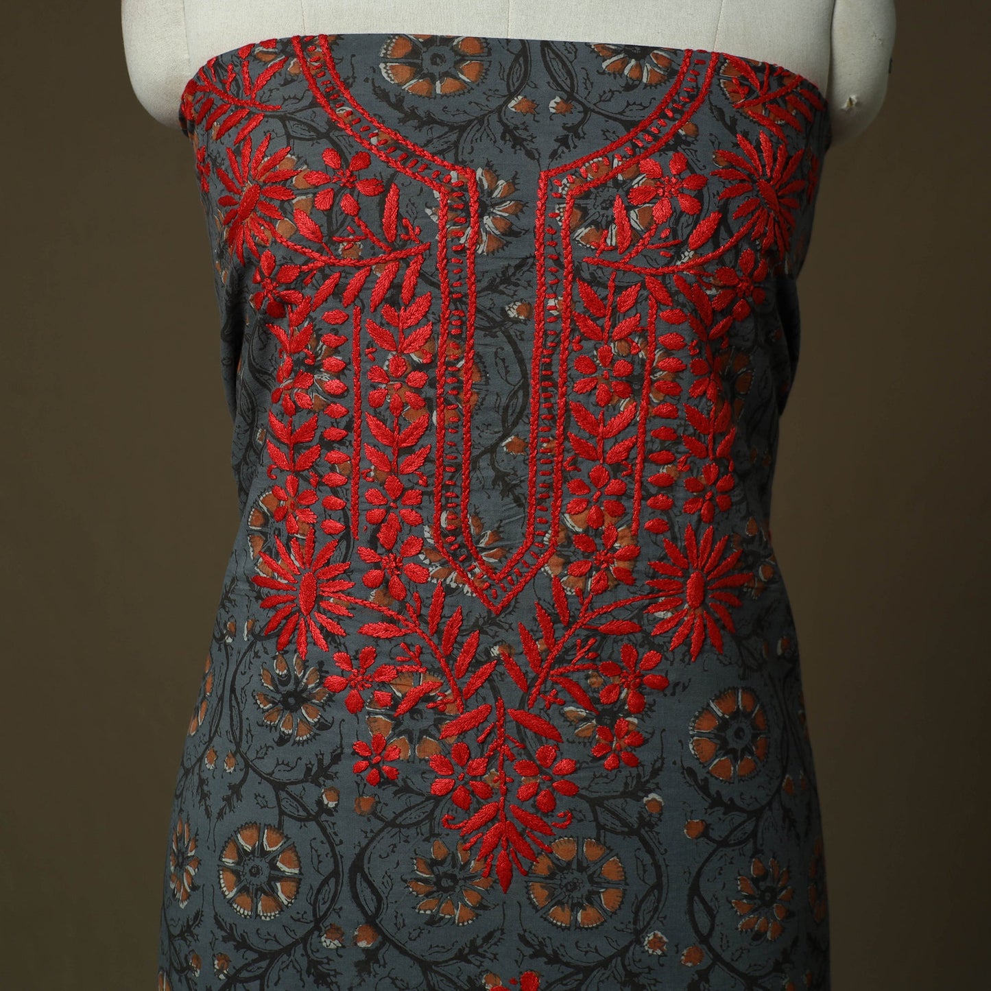 Lucknowi chikankari hand work bagru block print unstitched