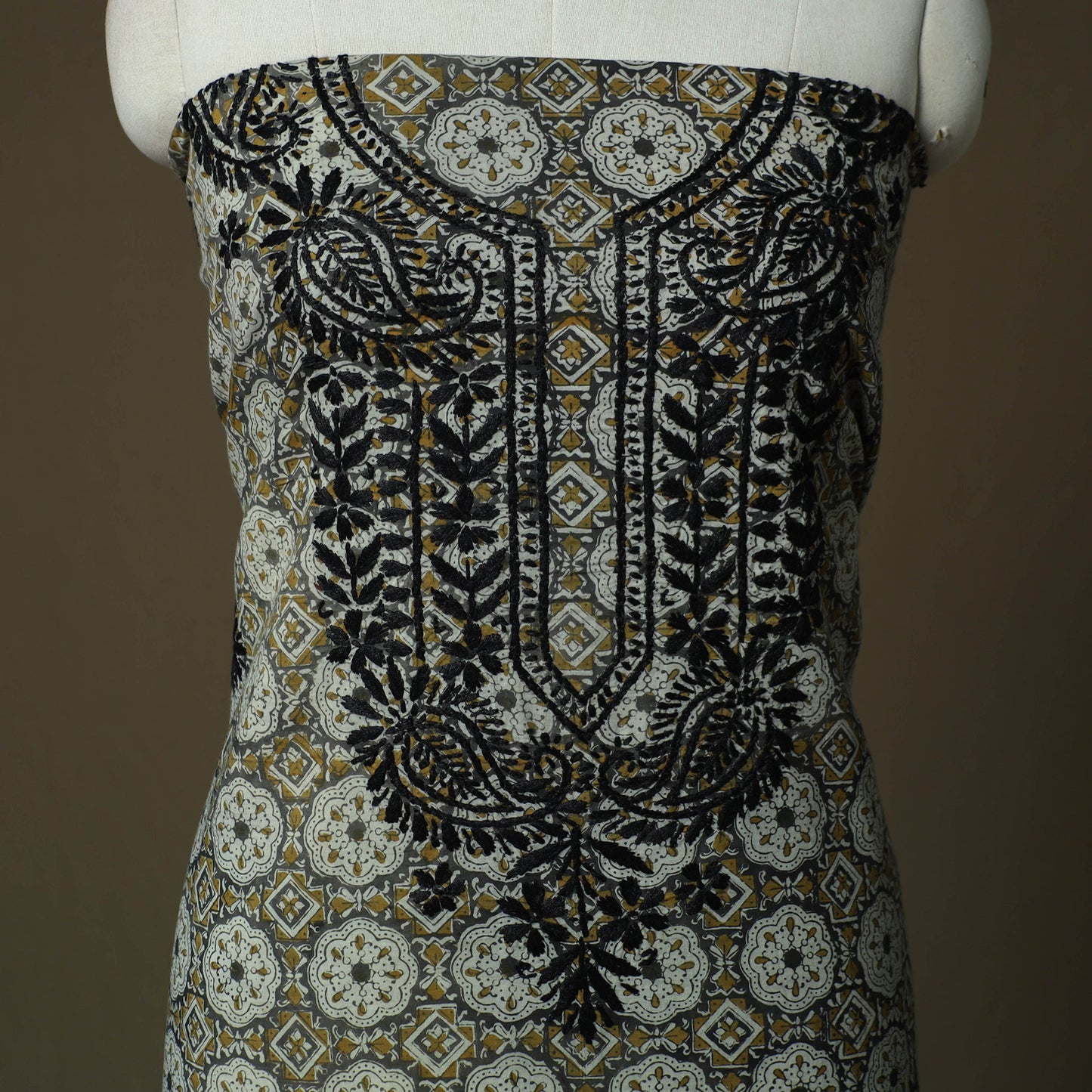 Lucknowi chikankari hand work bagru block print unstitched