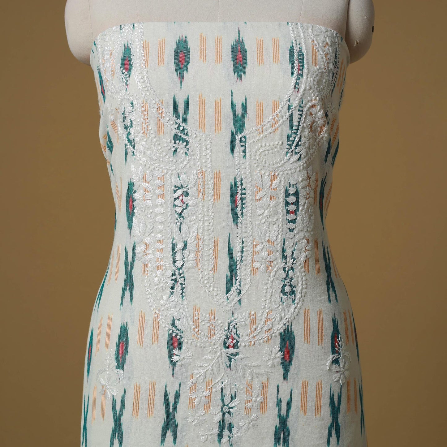 Lucknowi chikankari hand work pochampally ikat unstitched