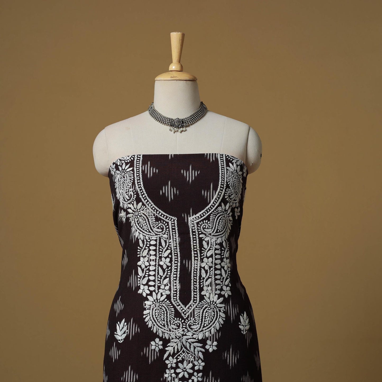 Lucknowi chikankari hand work pochampally ikat unstitched