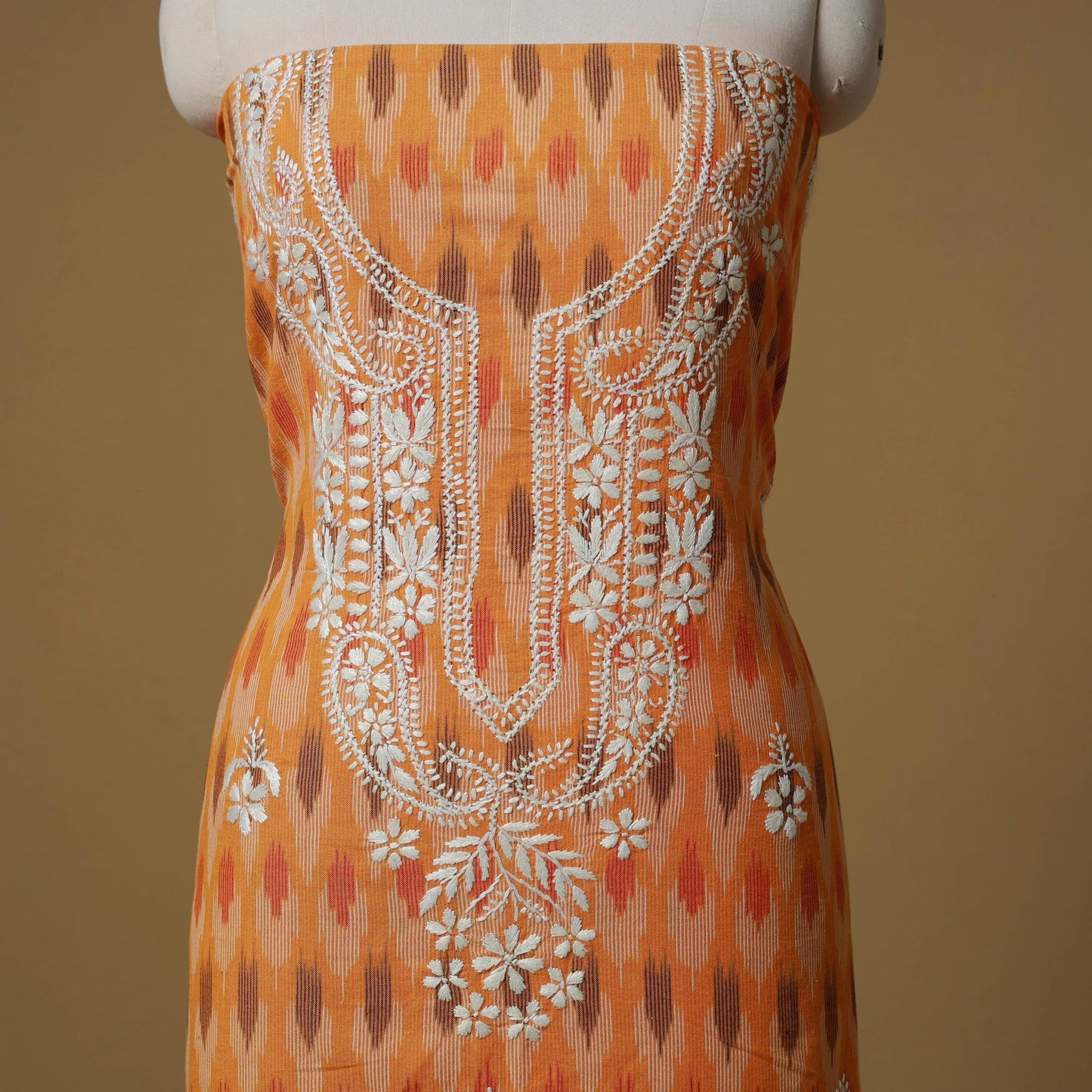 Lucknowi chikankari hand work pochampally ikat unstitched