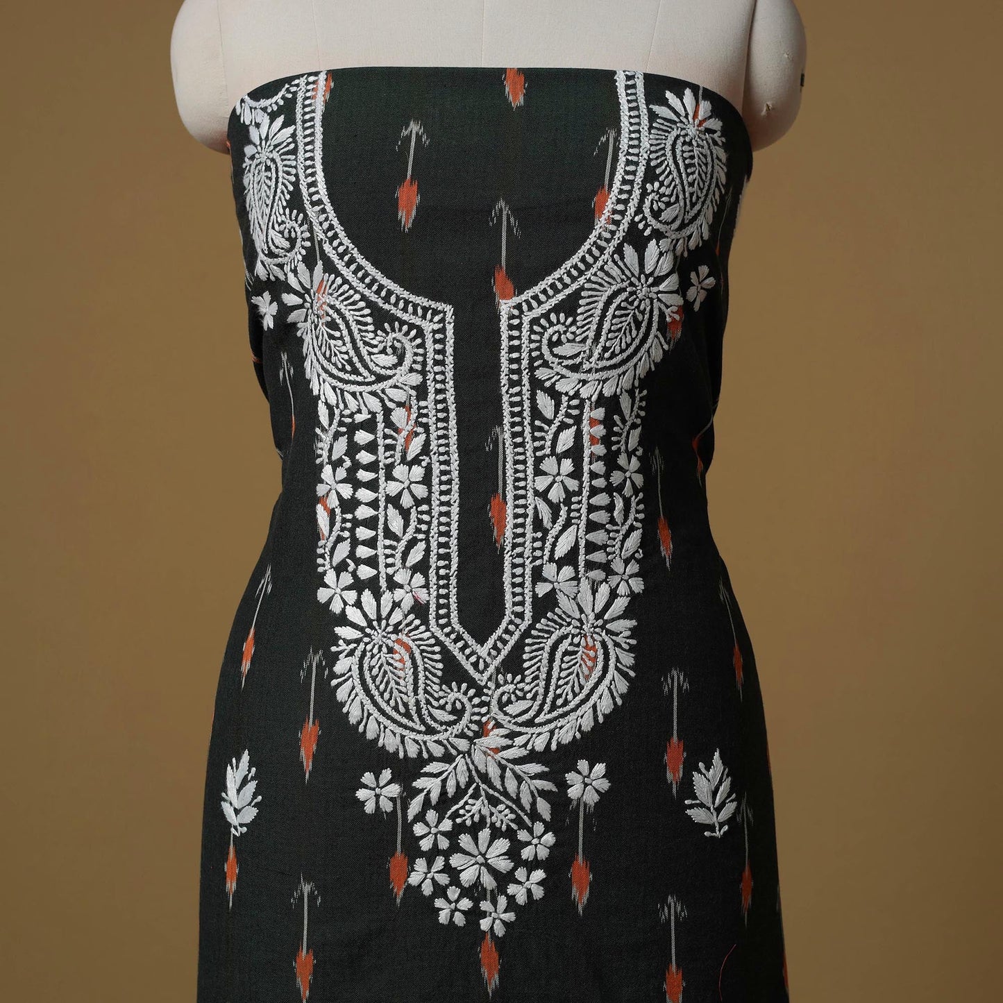 Lucknowi chikankari hand work pochampally ikat unstitched