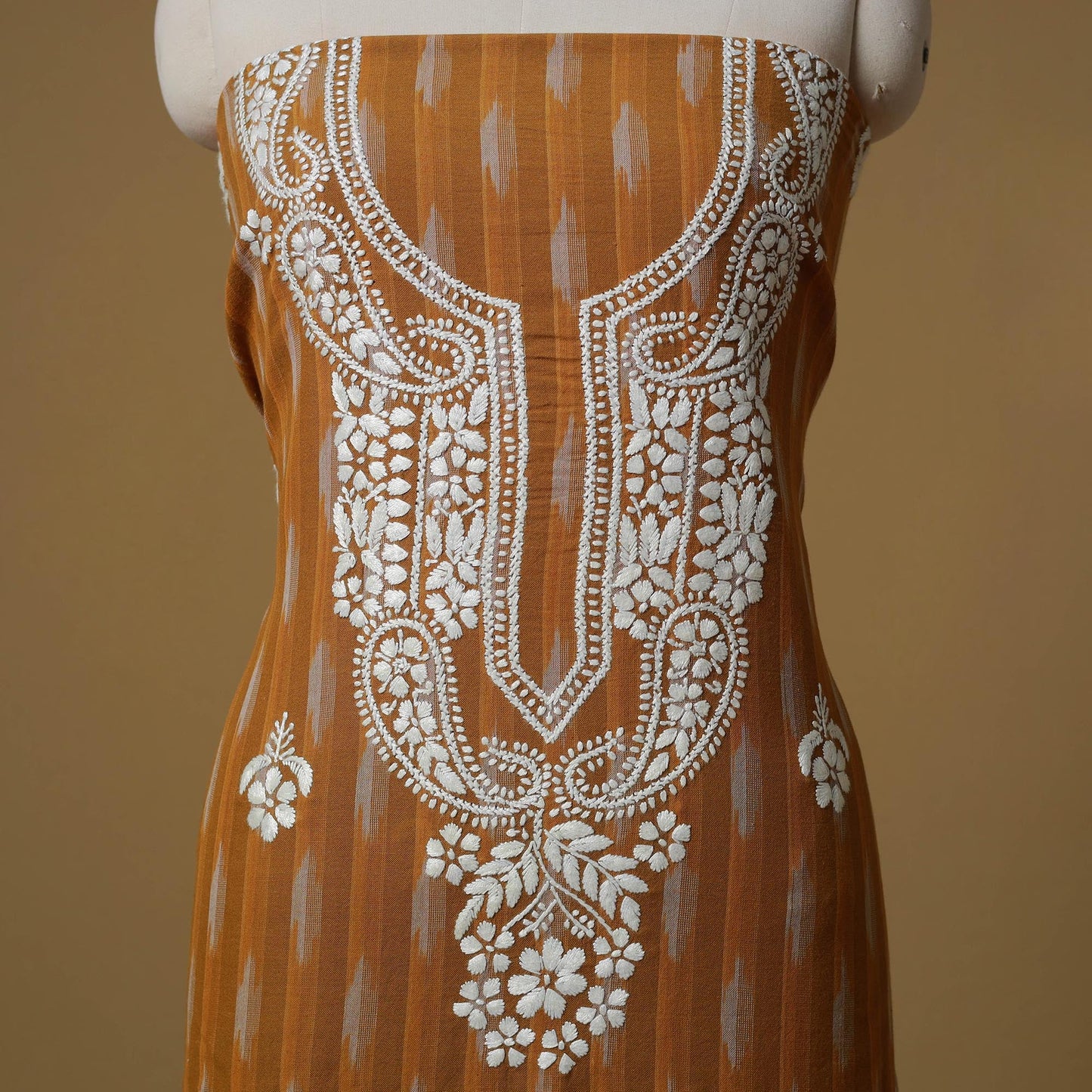 Lucknowi chikankari hand work pochampally ikat unstitched