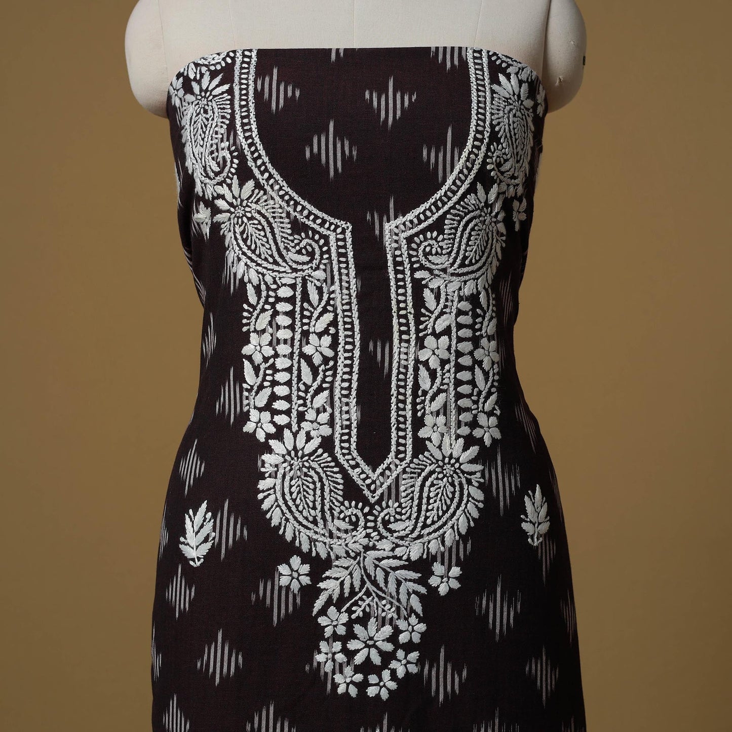 Lucknowi chikankari hand work pochampally ikat unstitched