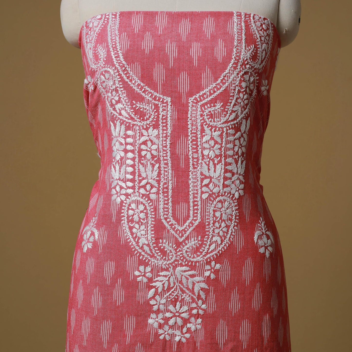 Lucknowi chikankari hand work pochampally ikat unstitched