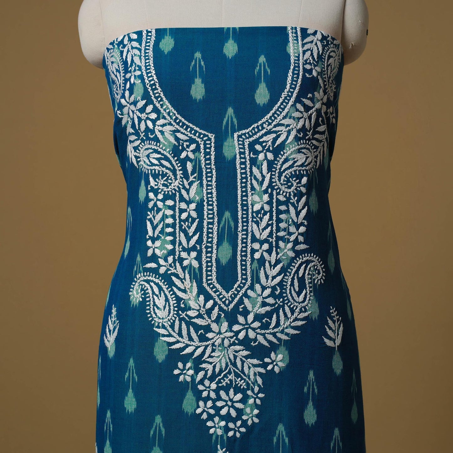 Lucknowi chikankari hand work pochampally ikat unstitched