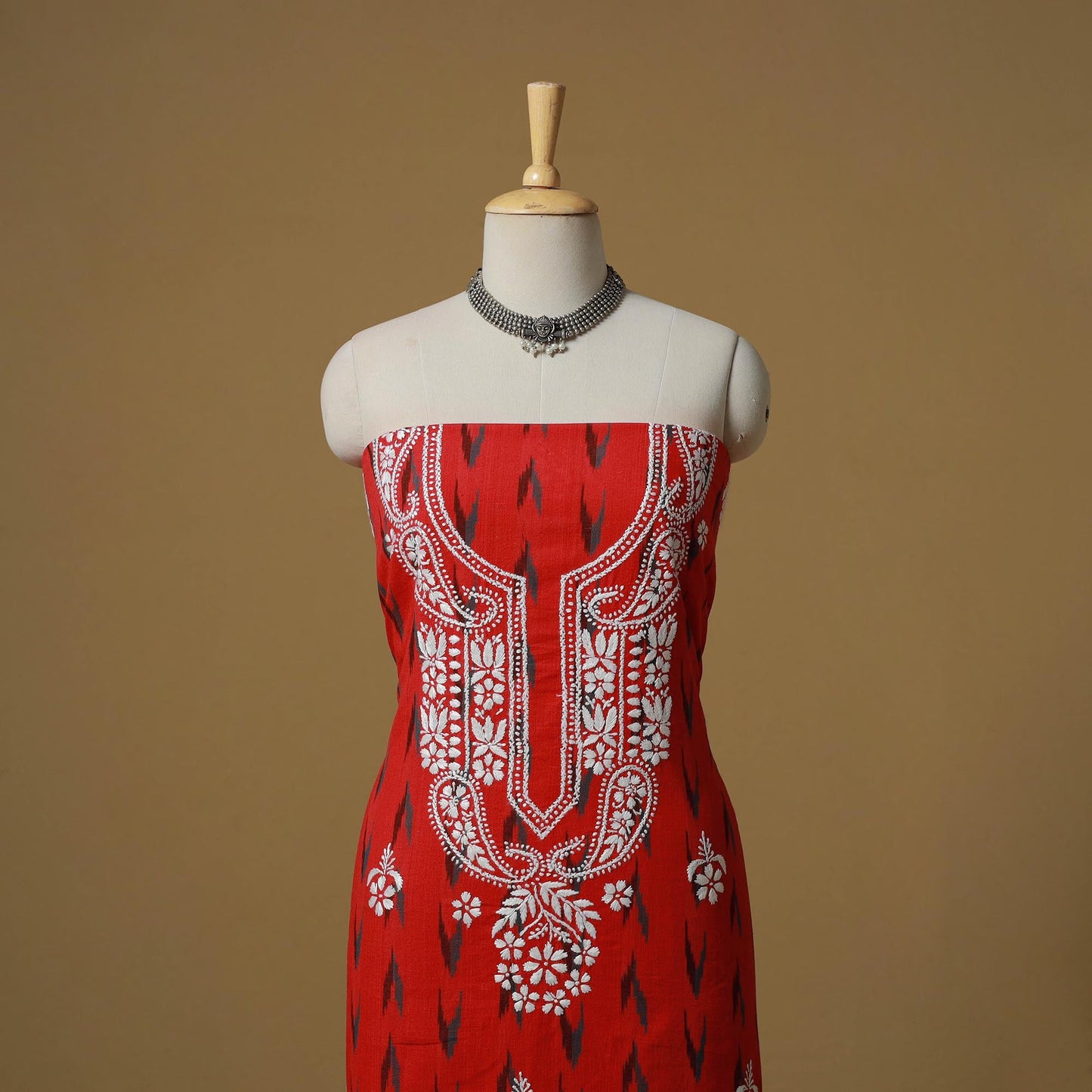 Lucknowi chikankari hand work pochampally ikat unstitched