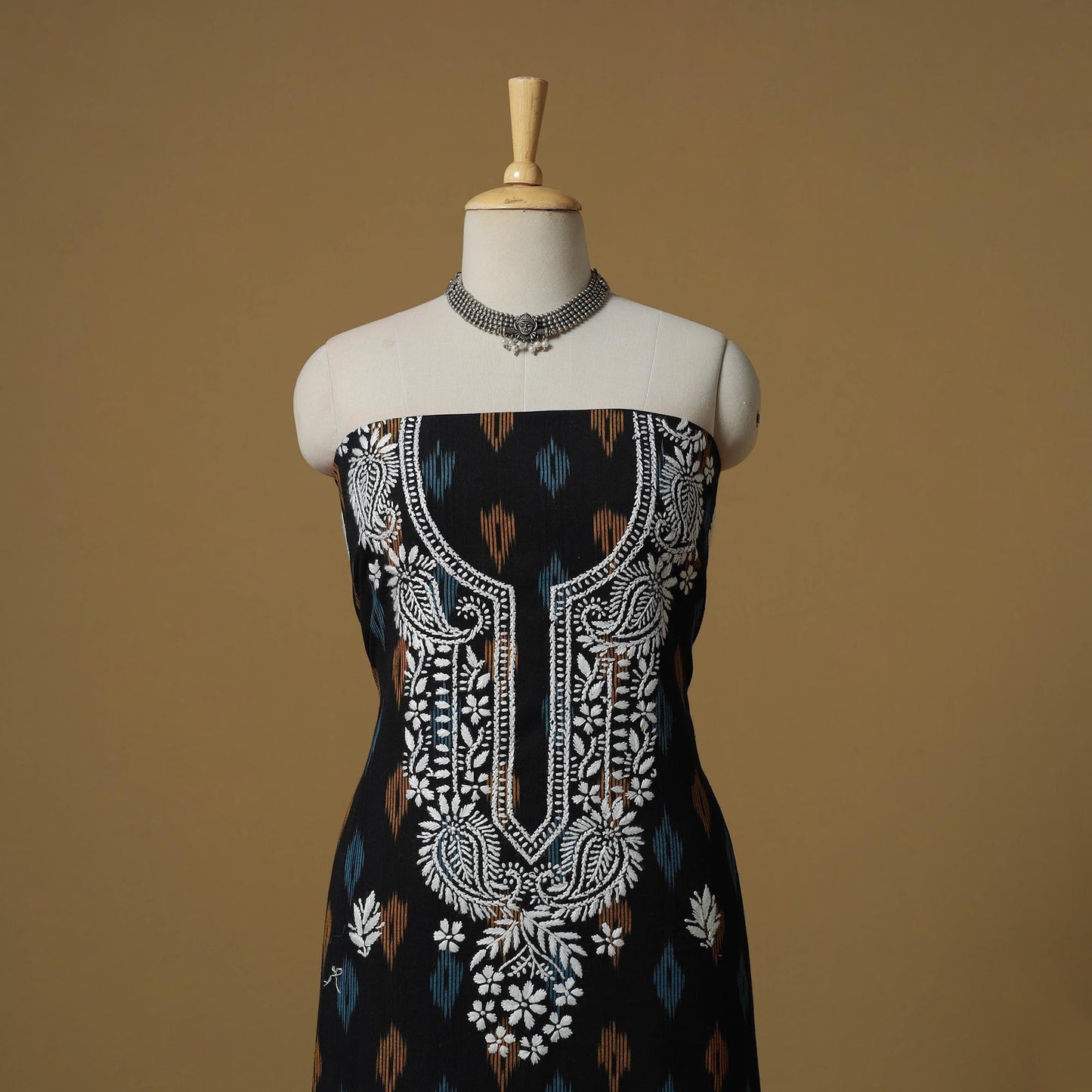 Lucknowi chikankari hand work pochampally ikat unstitched