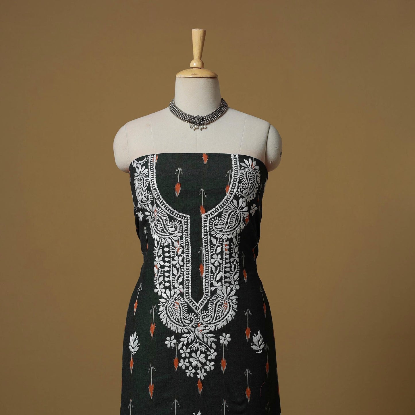 Lucknowi chikankari hand work pochampally ikat unstitched