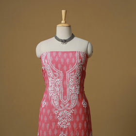 Lucknowi chikankari hand work pochampally ikat unstitched