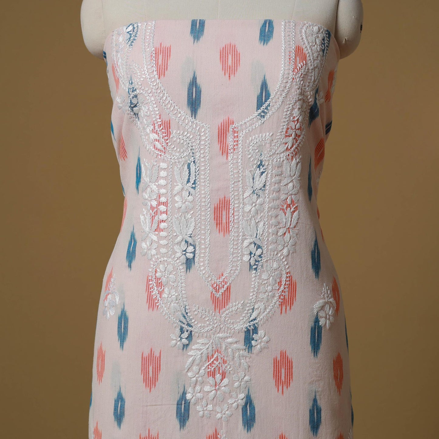 Lucknowi chikankari hand work pochampally ikat unstitched