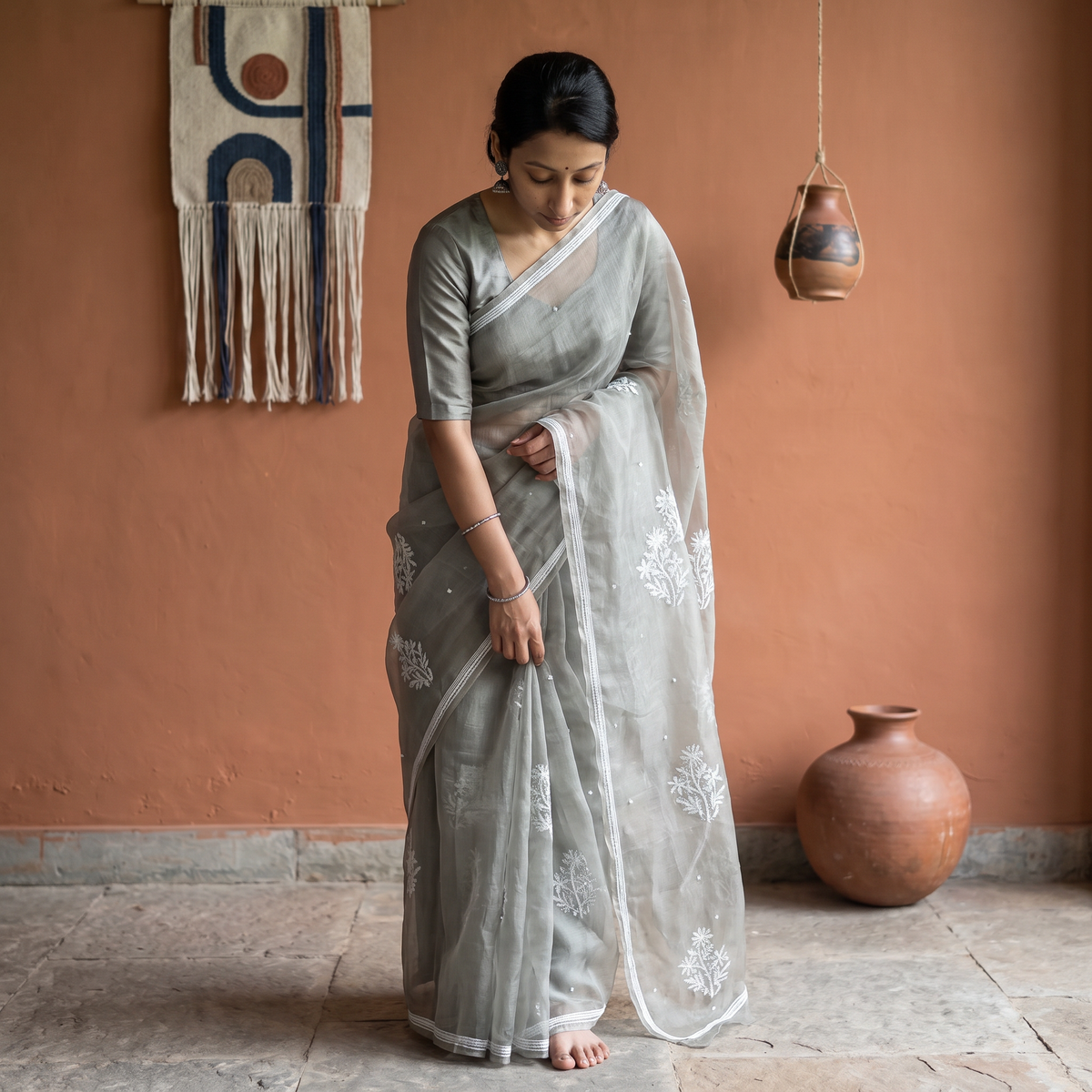 Grey Lucknowi Chikankari Heavy Bead Work Pure Organza Silk Saree, draped and worn by a woman, AI visual of the saree, iTokri