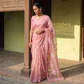 Pink Lucknowi Chikankari Heavy Bead Work Pure Organza Silk Saree, draped and worn by a woman, AI visual of the saree, iTokri