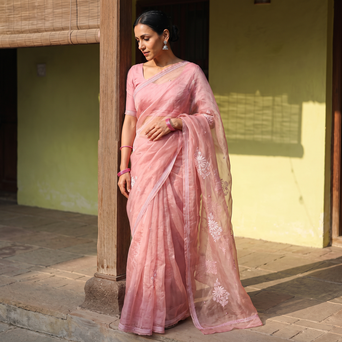 Pink Lucknowi Chikankari Heavy Bead Work Pure Organza Silk Saree, draped and worn by a woman, AI visual of the saree, iTokri