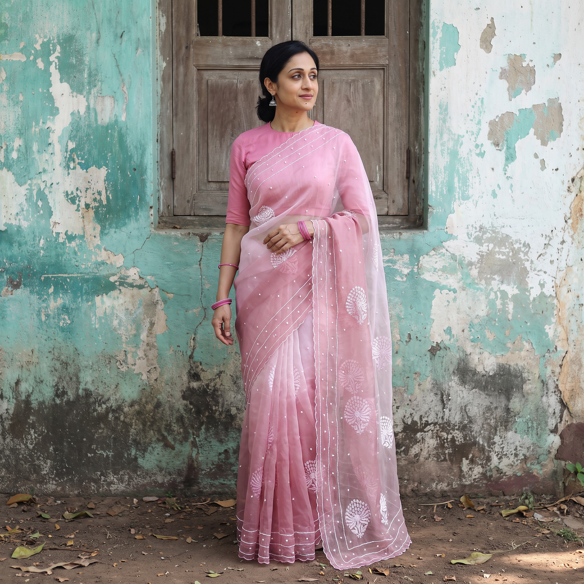 Pink Lucknowi Chikankari Heavy Bead Work Pure Organza Silk Saree, draped and worn by a woman, AI visual of the saree, iTokri