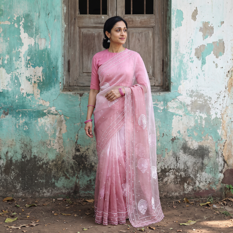 Pink Lucknowi Chikankari Heavy Bead Work Pure Organza Silk Saree, draped and worn by a woman, AI visual of the saree, iTokri