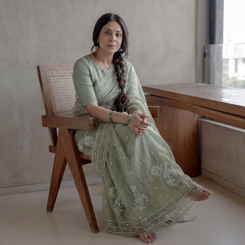 Green Lucknowi Chikankari Heavy Bead Work Pure Organza Silk Saree, draped and worn by a woman, AI visual of the saree, iTokri