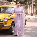 Purple Lucknowi Chikankari Heavy Mukaish Work Pure Mul Chanderi Saree, draped and worn by a woman, AI visual of the saree, iTokri