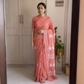 Orange Lucknowi Chikankari Heavy Mukaish Work Pure Mul Chanderi Saree, draped and worn by a woman, AI visual of the saree, iTokri